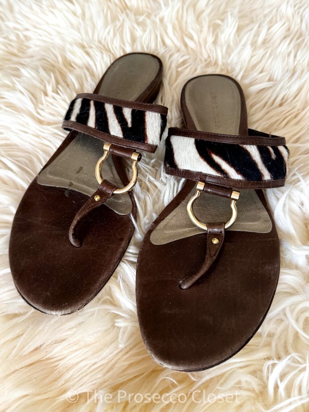 Y2K Ann Taylor Zebra Calf Hair Leather Sandals Horsebit Brown Gold (8)